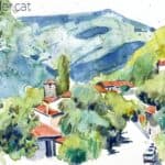 Aquarel·la amb una vista de panoràmica amb el cim del Matagalls al fons.