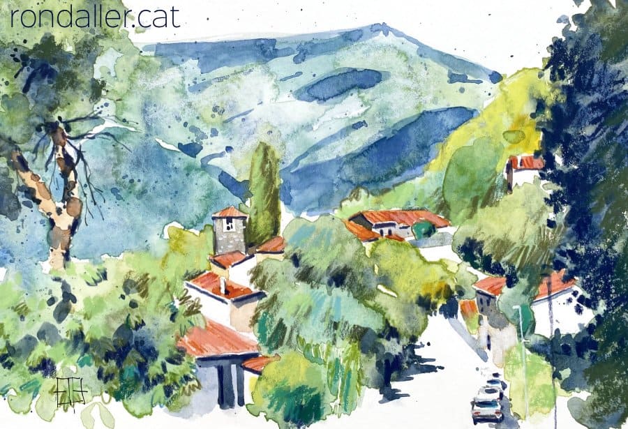 Aquarel·la amb una vista de panoràmica amb el cim del Matagalls al fons.