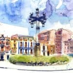 Aquarel·la amb una vista de la plaça de la Independendència amb la farola al centre.