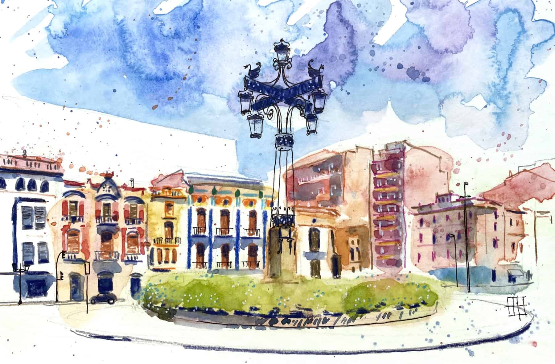 Aquarel·la amb una vista de la plaça de la Independendència amb la farola al centre.