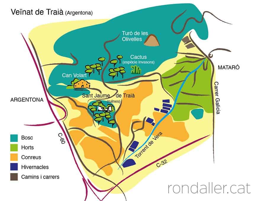 Plànol amb els principals indrets del veïnat de Traià, als afores d'Argentona.