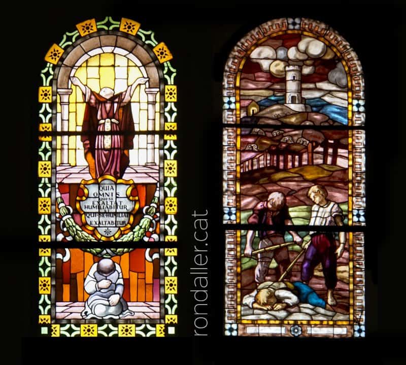 Dos vitralls que representen sengles paràboles explicades per Jesús.