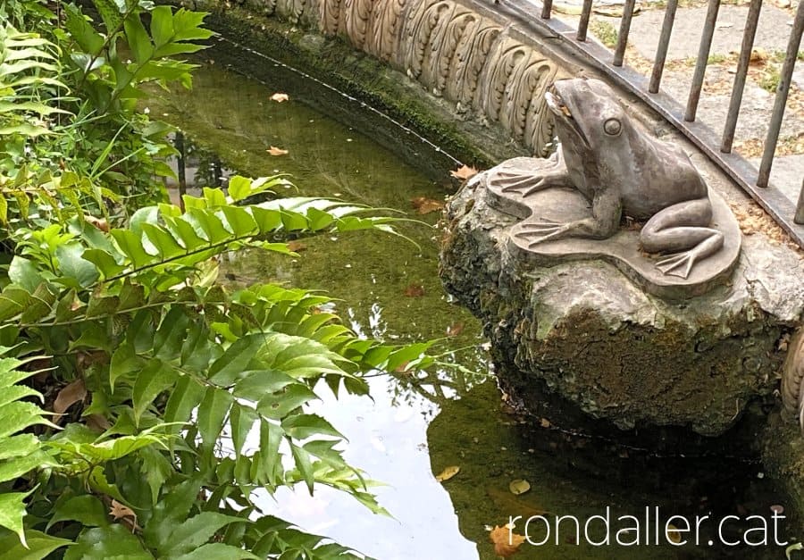 Detall d'un estany amb una granota de pedra.