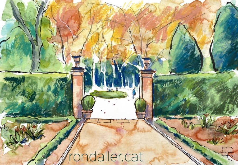 Aquarel·la amb una vista dels Jardins de la Tamarita de Barcelona.