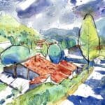 Aquarel·la amb una vista de la població d'Ogassa.