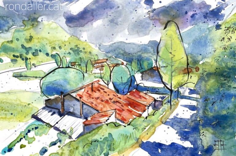 Aquarel·la amb una vista de la població d'Ogassa.