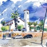 Aquarel·la amb una vista de l'església de Santa Maria de Platja d’Aro.
