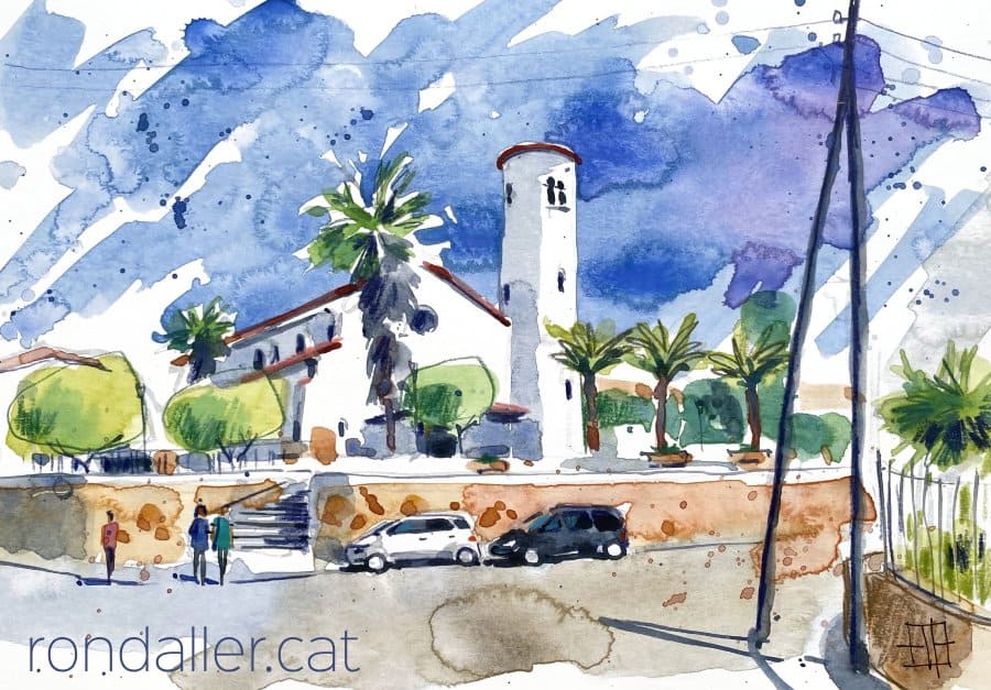Aquarel·la amb una vista de l'església de Santa Maria de Platja d’Aro.