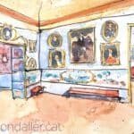 Aquarel·la amb la vista de l'interior d'un saló d'una casa benestant a Olot.
