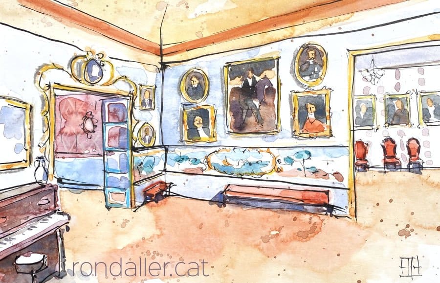 Aquarel·la amb la vista de l'interior d'un saló d'una casa benestant a Olot.