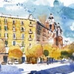Aquarel·la amb una vista del carrer de la Diputació de Barcelona.