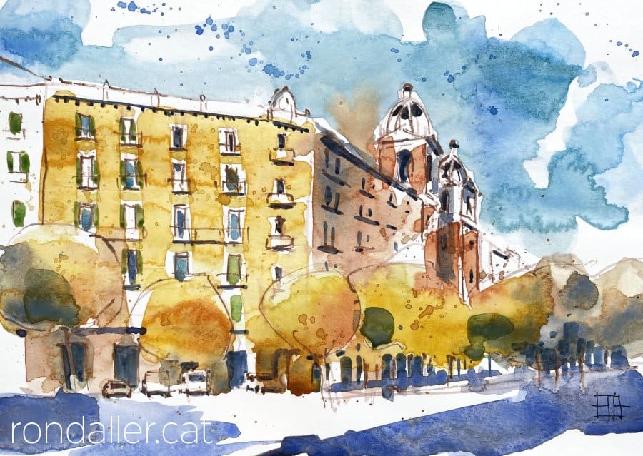Aquarel·la amb una vista del carrer de la Diputació de Barcelona.