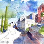 Aquarel·la amb una vista ddels carrers del barri antic de Girona.
