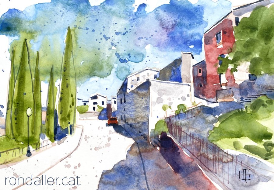 Aquarel·la amb una vista ddels carrers del barri antic de Girona.
