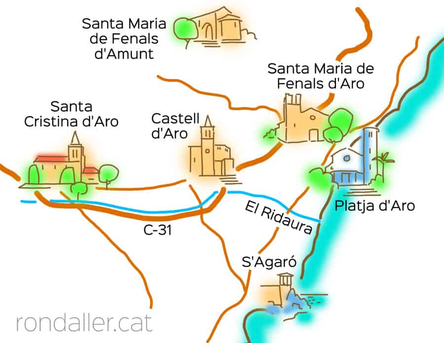 Plànol amb els indrets principals de la Vall d'Aro.