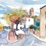 Aquarel·la amb una vista de l'entrada a la població, amb el campanar al fons.