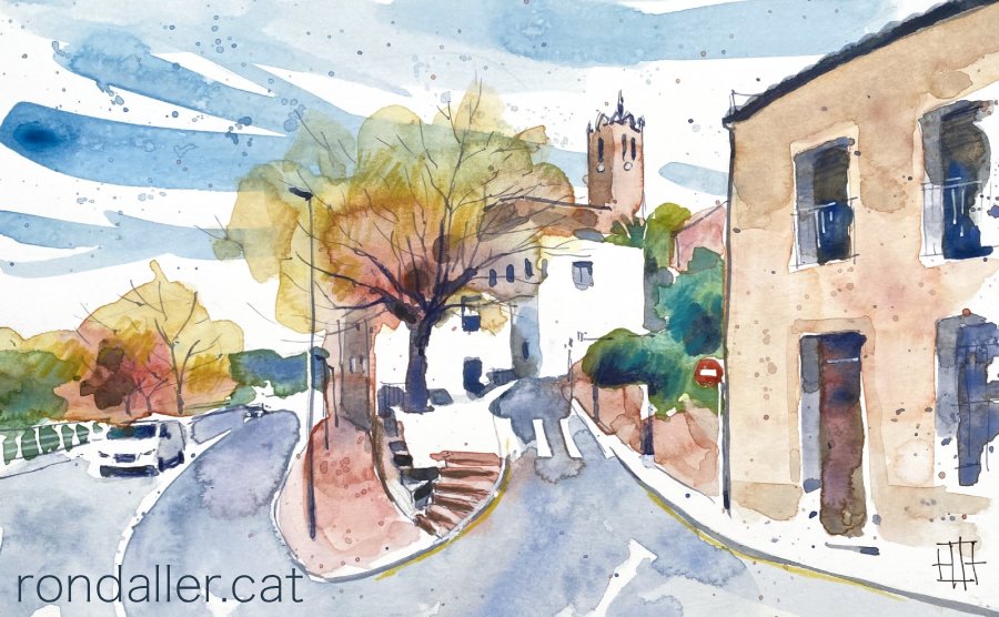 Aquarel·la amb una vista de l'entrada a la població, amb el campanar al fons.