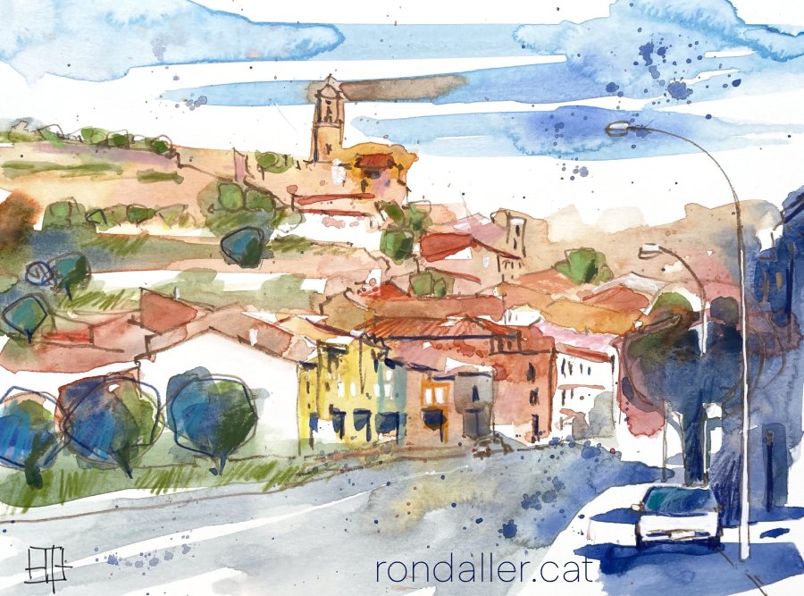 Aquarel·la amb una vista del poble de Corbera d'Ebre.