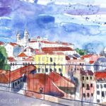 Aquarel·la amb una vista del barri d'Alfama i el monestir de São Vicente de Fora al fons.
