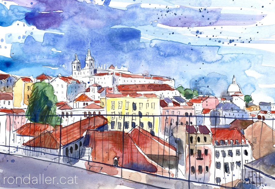 Aquarel·la amb una vista del barri d'Alfama i el monestir de São Vicente de Fora al fons.