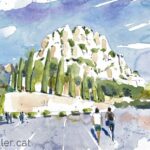 Aquarel·la amb una vista del massís de Montserrat.