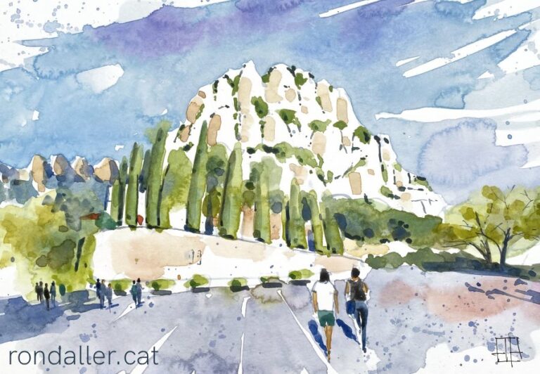 Aquarel·la amb una vista del massís de Montserrat.