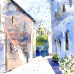 Aquarel·la amb una vista de l'església de Sant Llorenç des del carrer de Sant Sebastià.