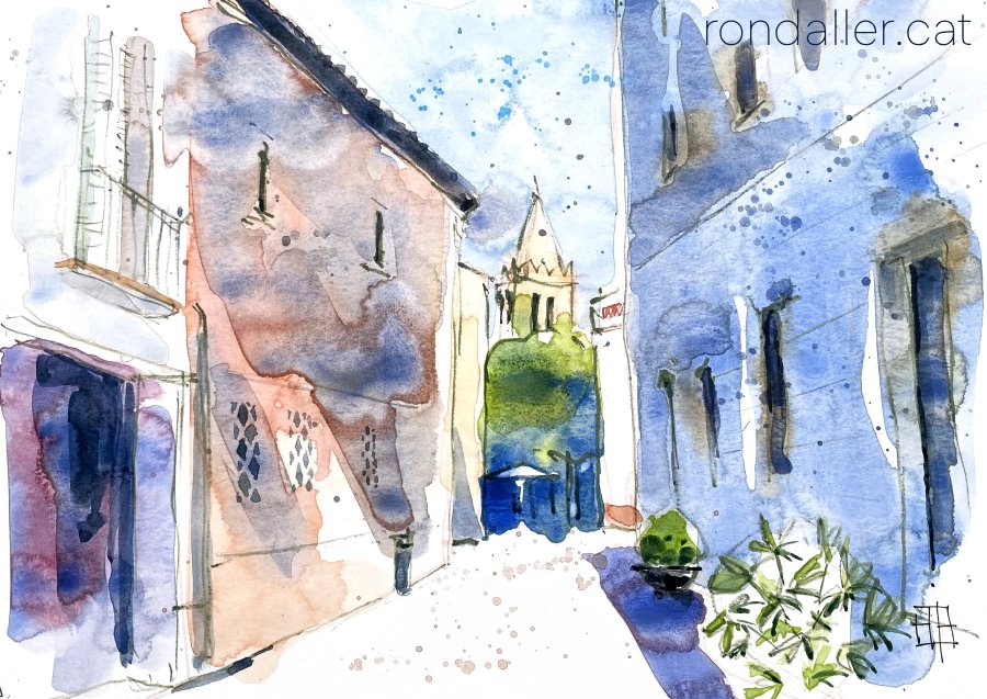Aquarel·la amb una vista de l'església de Sant Llorenç des del carrer de Sant Sebastià.