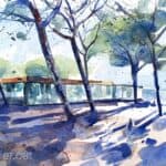 Aquarel·la amb una vista dels edificis de la Fundació per la Conservació i Recuperació d'Animals Marins.