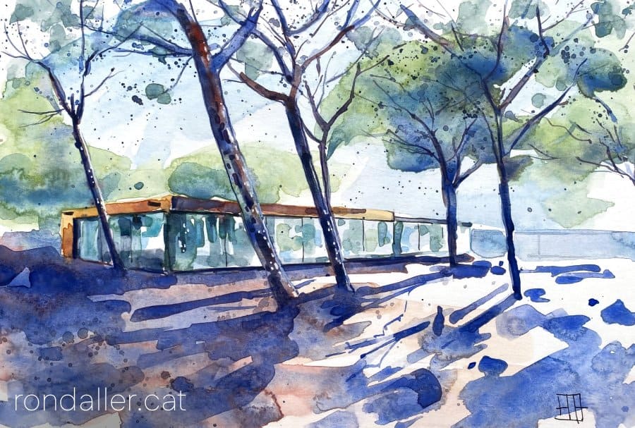 Aquarel·la amb una vista dels edificis de la Fundació per la Conservació i Recuperació d'Animals Marins.