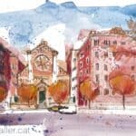 Aquarel·la amb una vista de l'església del Sagrat Cor de Maria de Barcelona.
