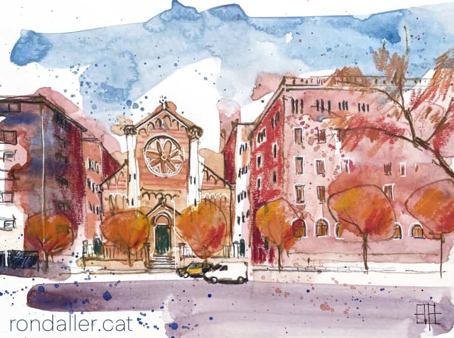 Aquarel·la amb una vista de l'església del Sagrat Cor de Maria de Barcelona.