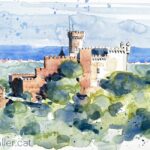 Aquarel·la amb una vista del castell de Castelldefels.