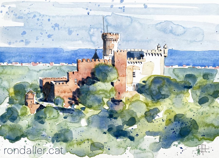 Aquarel·la amb una vista del castell de Castelldefels.