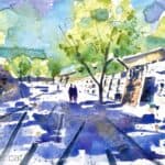 Aquarel·la amb una vista del cementiri Nou d'Igualada, obra d'Enric Miralles i Carme Pinós.