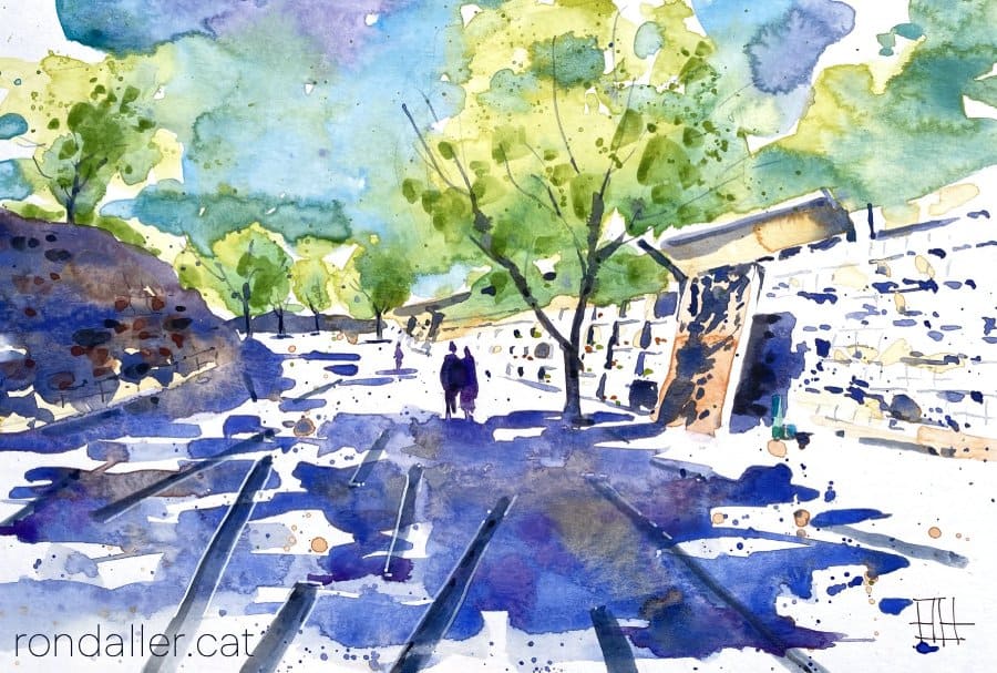 Aquarel·la amb una vista del cementiri Nou d'Igualada, obra d'Enric Miralles i Carme Pinós.