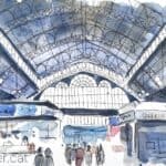 Aquarel·la amb una vista de l'interior de l'edifici destinat a venda d'aliments.