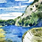 Aquarel·la amb una vista de la presa d'Afores sobre el riu Fluvià.