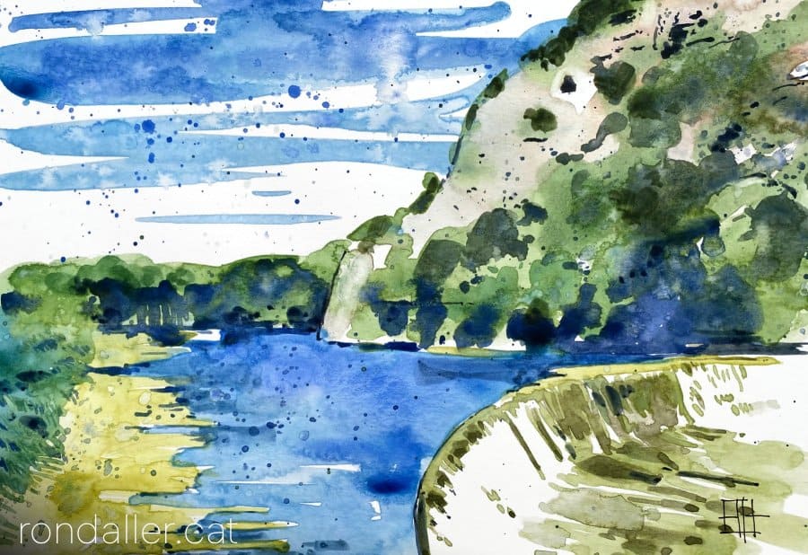 Aquarel·la amb una vista de la presa d'Afores sobre el riu Fluvià.