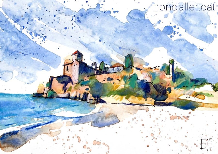 Aquarel·la amb una vista de Tamarit de Mar amb el castell.