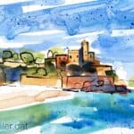 Aquarel·la amb una vista de Tamarit de Mar amb el castell.