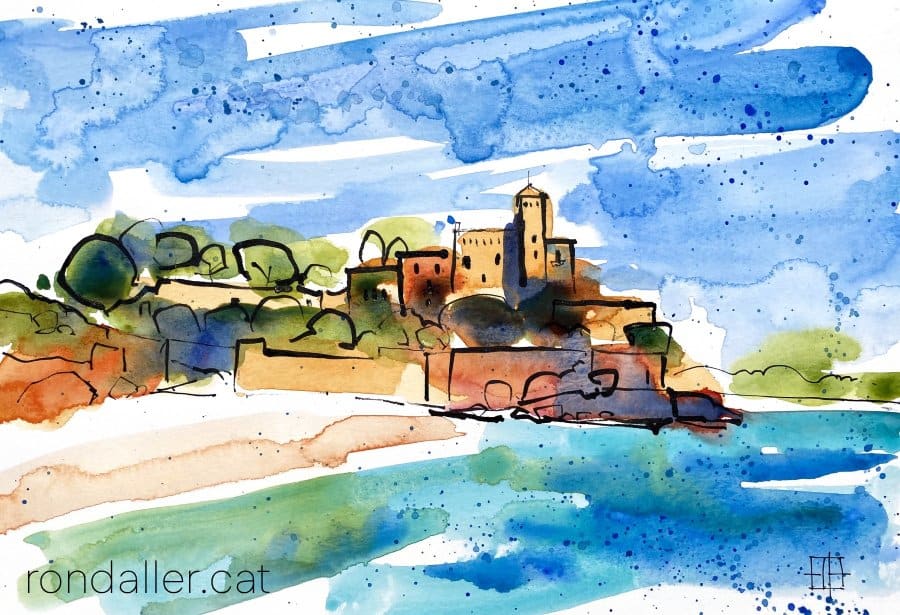 Aquarel·la amb una vista de Tamarit de Mar amb el castell.