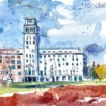 Aquarel·la amb una vista dels edificis de la plaça de Catalunya de Barcelona.