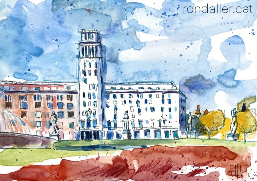 Aquarel·la amb una vista dels edificis de la plaça de Catalunya de Barcelona.