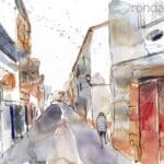 Aquarel·la amb una vista del carrer de l'Església d'Arenys de Mar.