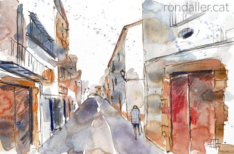 Aquarel·la amb una vista del carrer de l'Església d'Arenys de Mar.