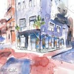 Aquarel·la amb una vista la cantonada del carrer Major i el carrer Sant Antoni.