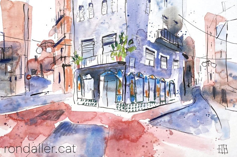 Aquarel·la amb una vista la cantonada del carrer Major i el carrer Sant Antoni.