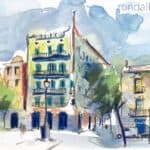 Aquarel·la amb una vista de la plaça del Comerç de Barcelona.
