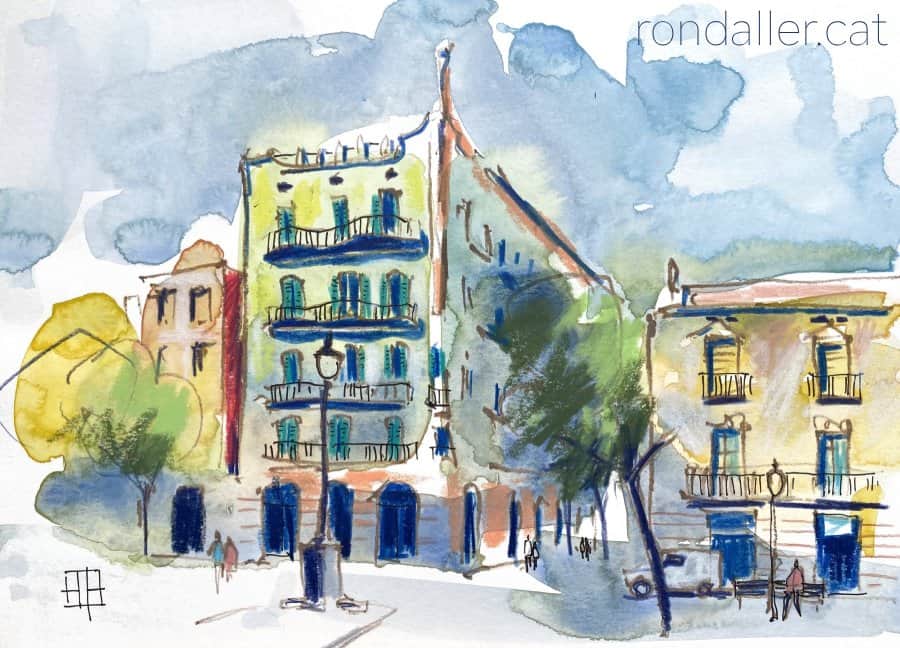 Aquarel·la amb una vista de la plaça del Comerç de Barcelona.